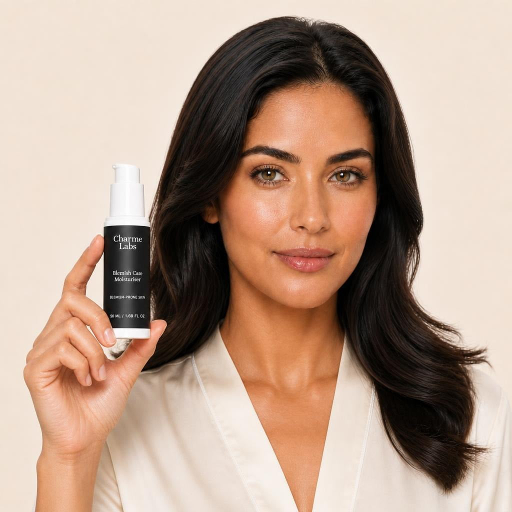 blemish-care-moisturiser held by model