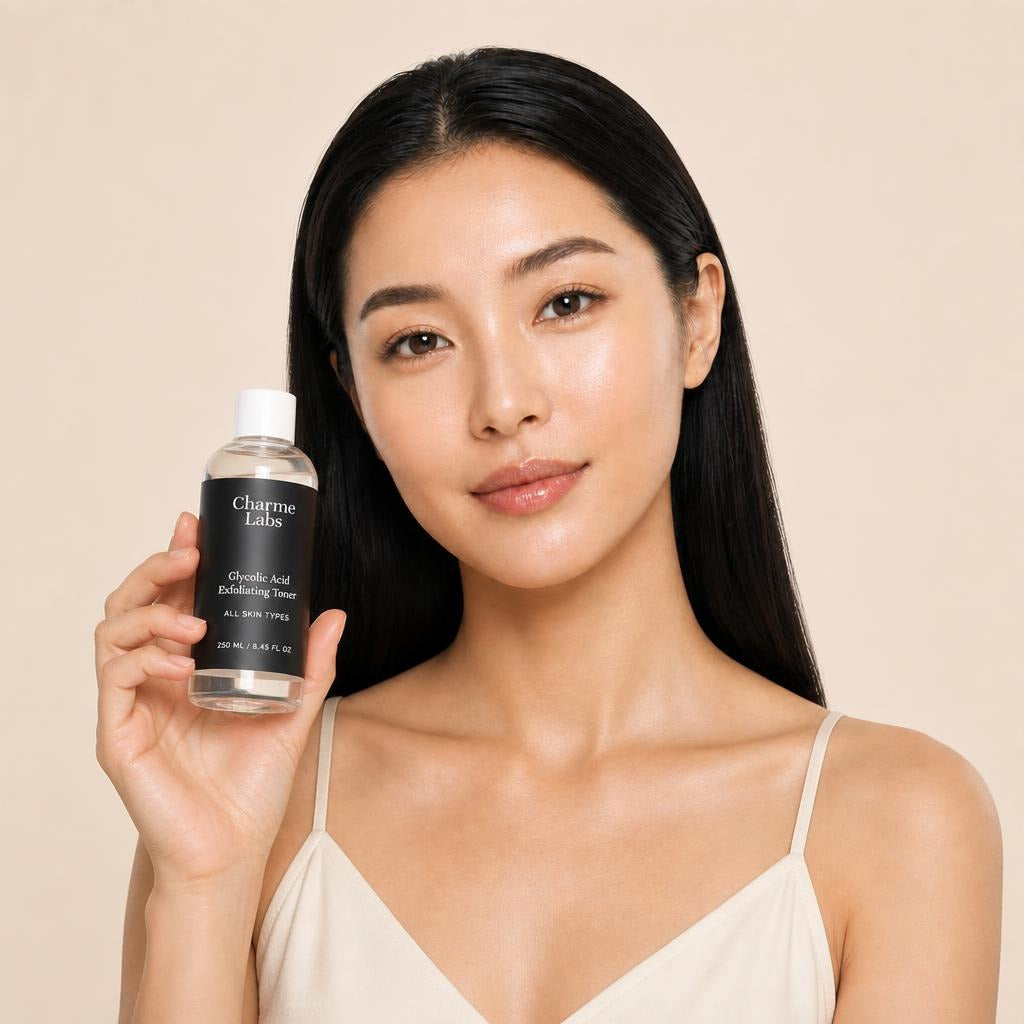 glycolic-acid-exfoliating-toner held by model